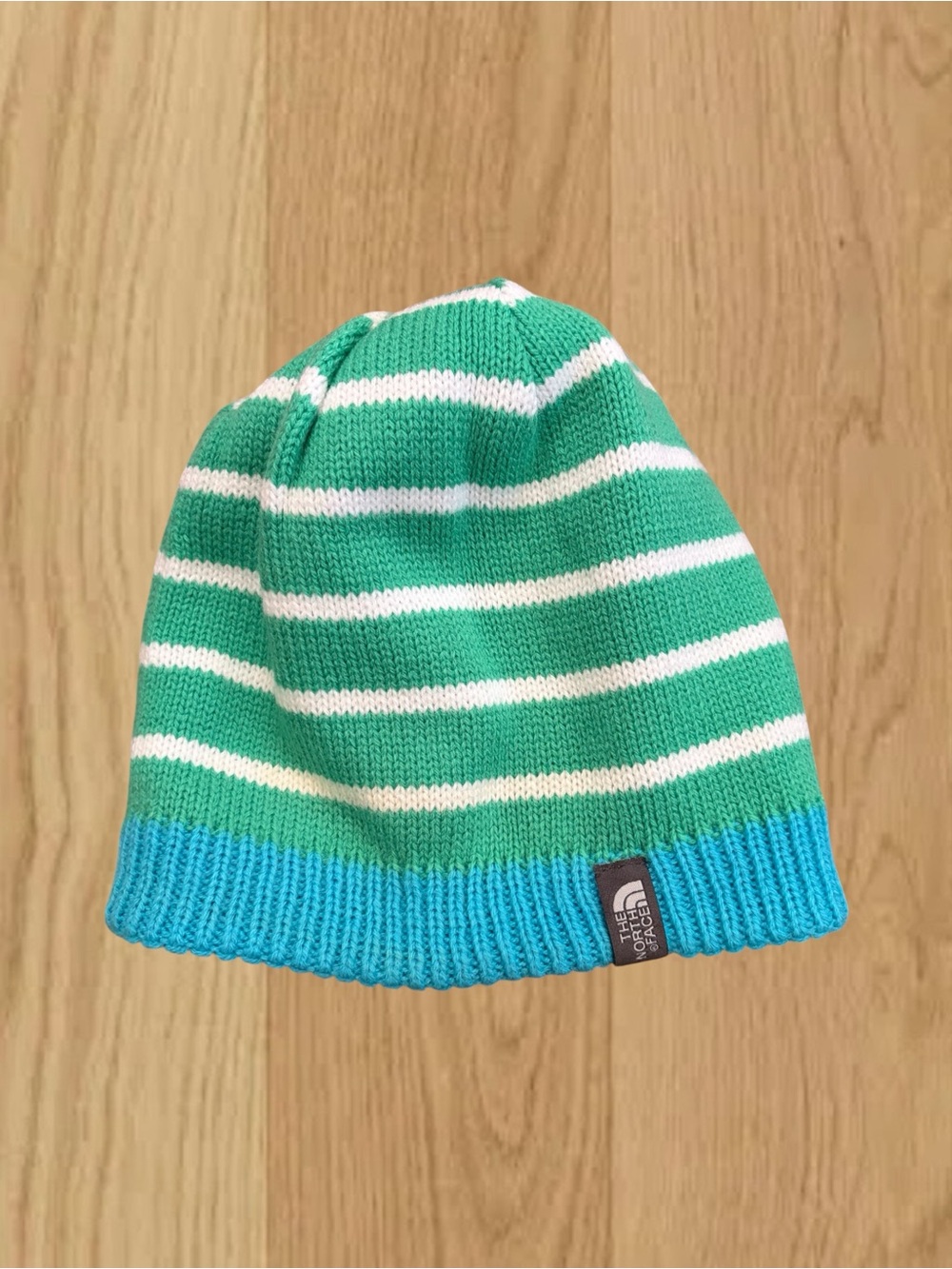 The North Face Reversible Beanie Blue Green Striped Knit Winter Ski Hat